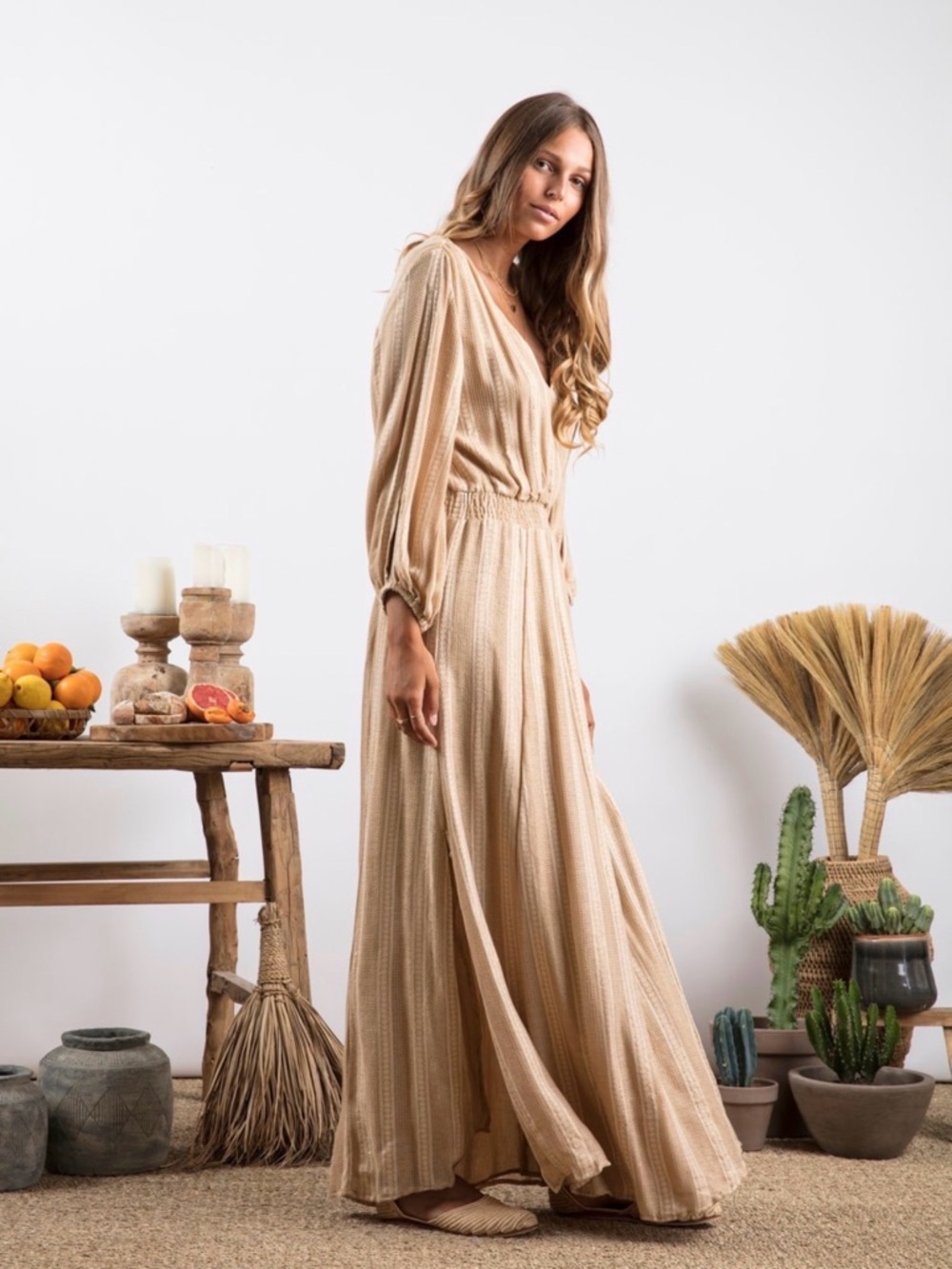 Revolve x Sundress “Laura” tan & gold Split Sleeve Dress in Lisbonne Beige M/L